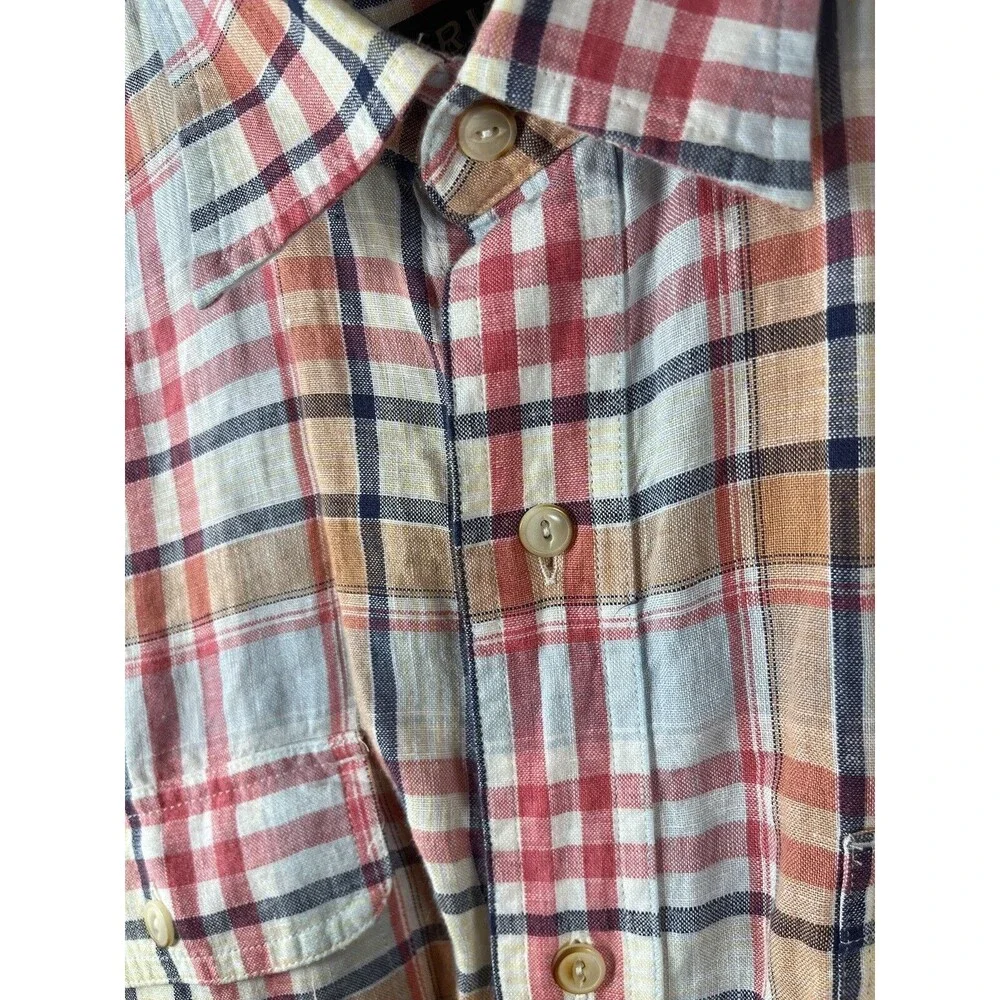 ORVIS Men's Long Sleeve Plaid Linen Shirt XL Red/Navy/Tan/Wht Preppy Classic - Picture 2 of 10